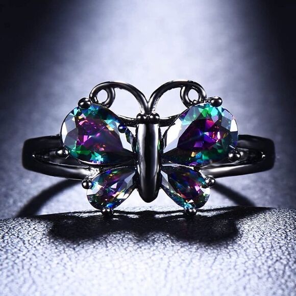 Black Gold and Rainbow Diamond Austrian Crystal Gothic Style Butterfly Ring - Picture 3 of 5